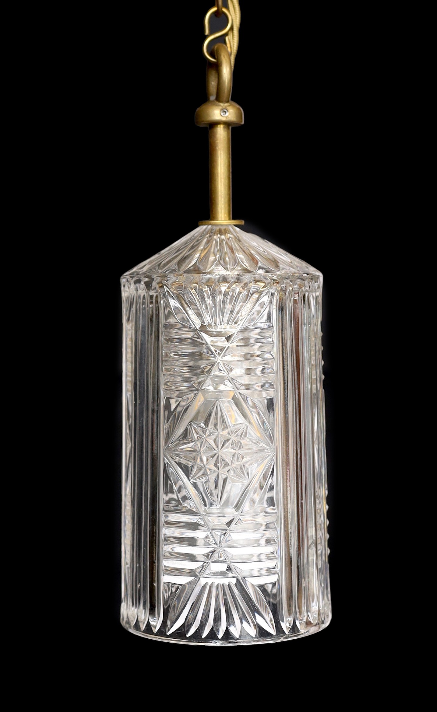 An early 20th century English brass and glass light pendant, height 26cm